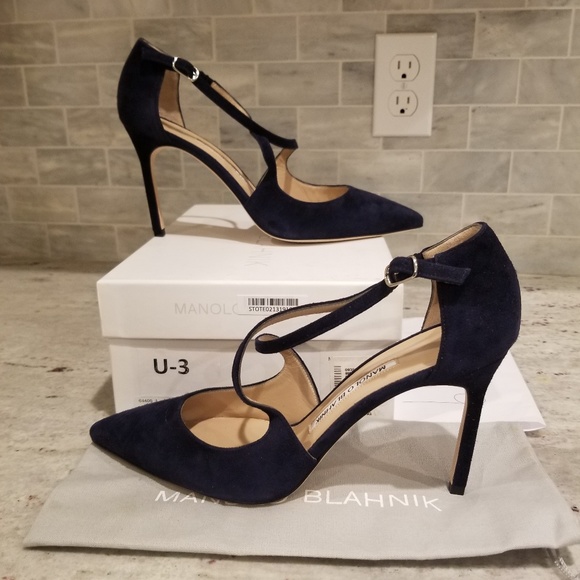 SOLD!  Manolo Blahnik UMICE 90MM navy heels 38 - Picture 4 of 8